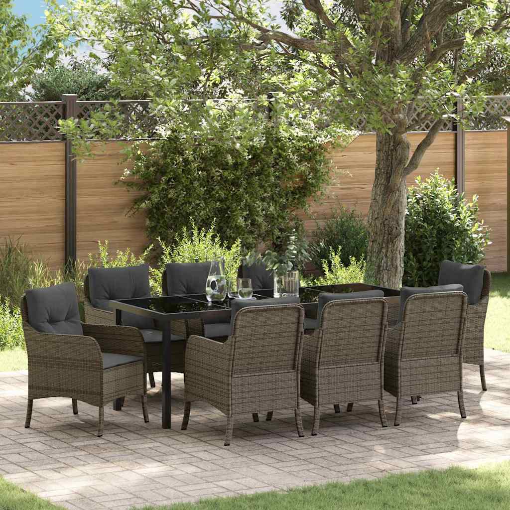 Tuin eettafelset met kussen 9 pcs Grijs poly rattan is nu te koop bij PeponiXL, paradijselijk wonen!