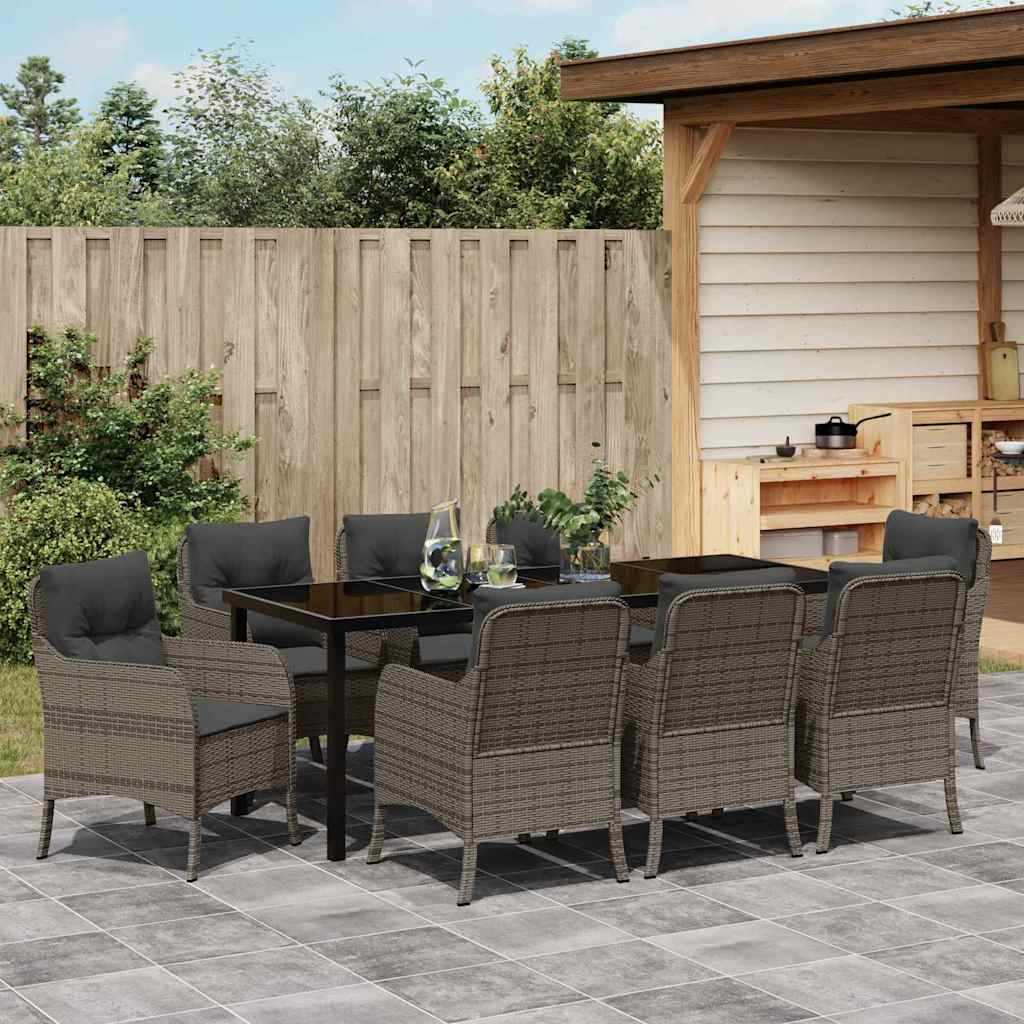 Tuin eettafelset met kussen 9 pcs Grijs poly rattan is nu te koop bij PeponiXL, paradijselijk wonen!