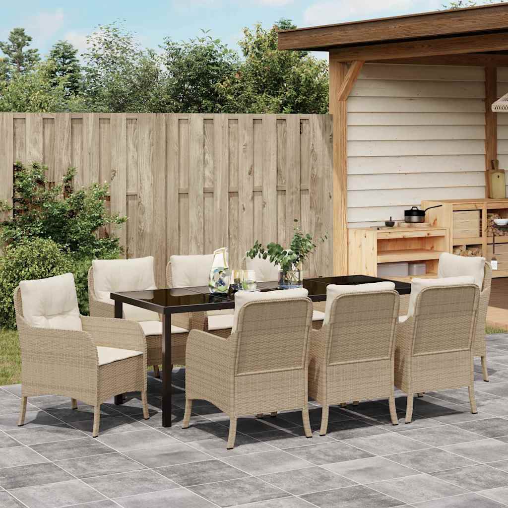 Tuin eettafelset met kussen 9 pcs Beige poly rattan is nu te koop bij PeponiXL, paradijselijk wonen!