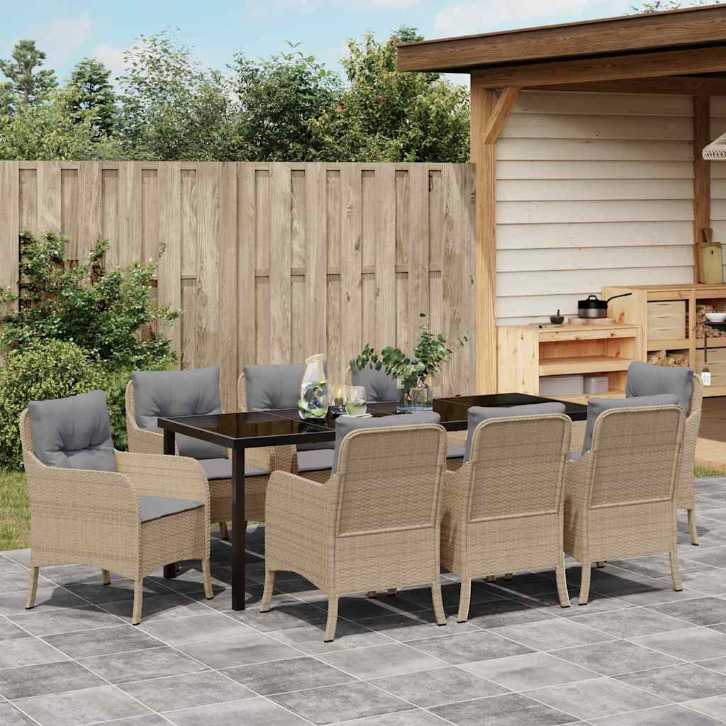 Tuin eettafelset met kussen 9 pcs Beige poly rattan is nu te koop bij PeponiXL, paradijselijk wonen!