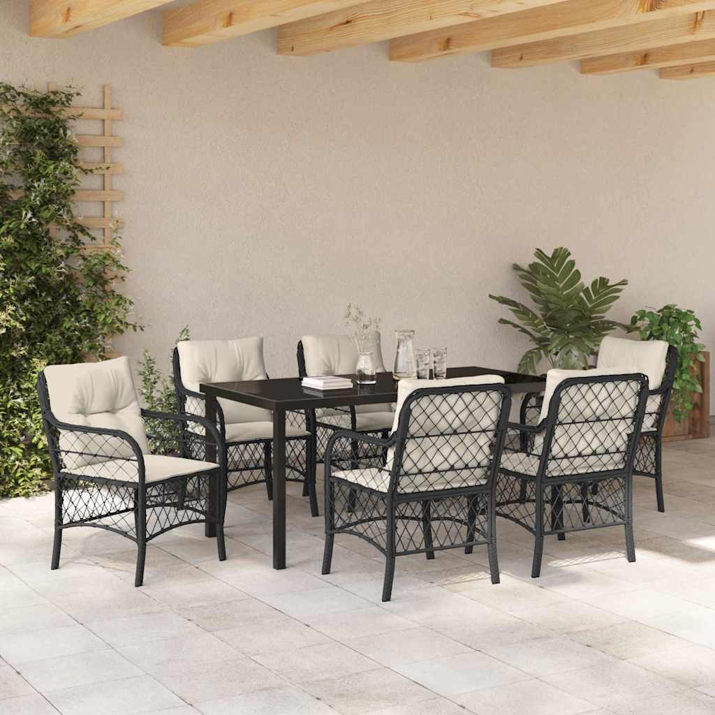 Tuin eettafelset met kussen 7 pcs Zwart poly rattan is nu te koop bij PeponiXL, paradijselijk wonen!