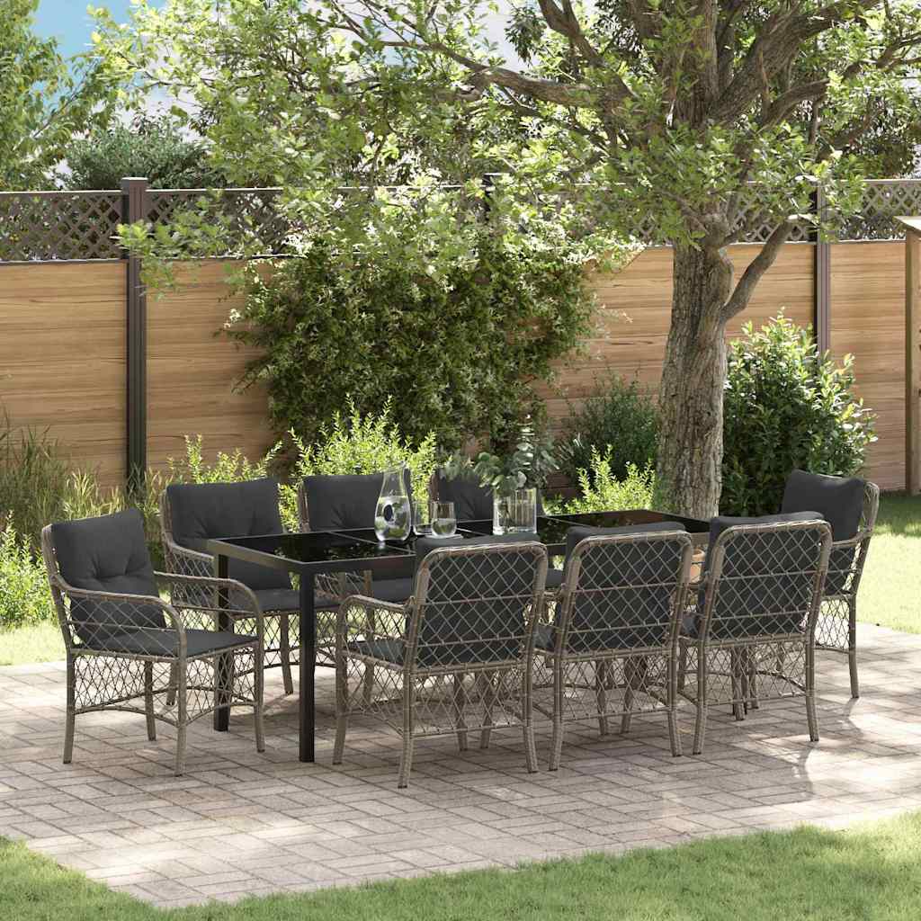 Tuin eettafelset met kussen 9 pcs Grijs poly rattan is nu te koop bij PeponiXL, paradijselijk wonen!