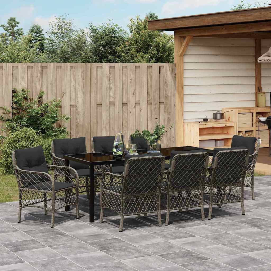 Tuin eettafelset met kussen 9 pcs Grijs poly rattan is nu te koop bij PeponiXL, paradijselijk wonen!