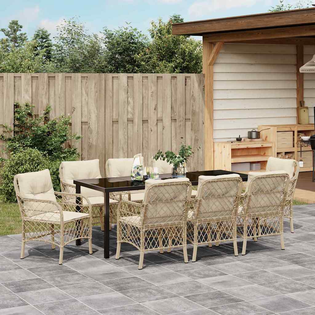 Tuin eettafelset met kussen 9 pcs Beige poly rattan is nu te koop bij PeponiXL, paradijselijk wonen!