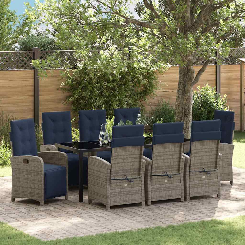 Tuin eettafelset met kussen 9 pcs Grijs poly rattan is nu te koop bij PeponiXL, paradijselijk wonen!