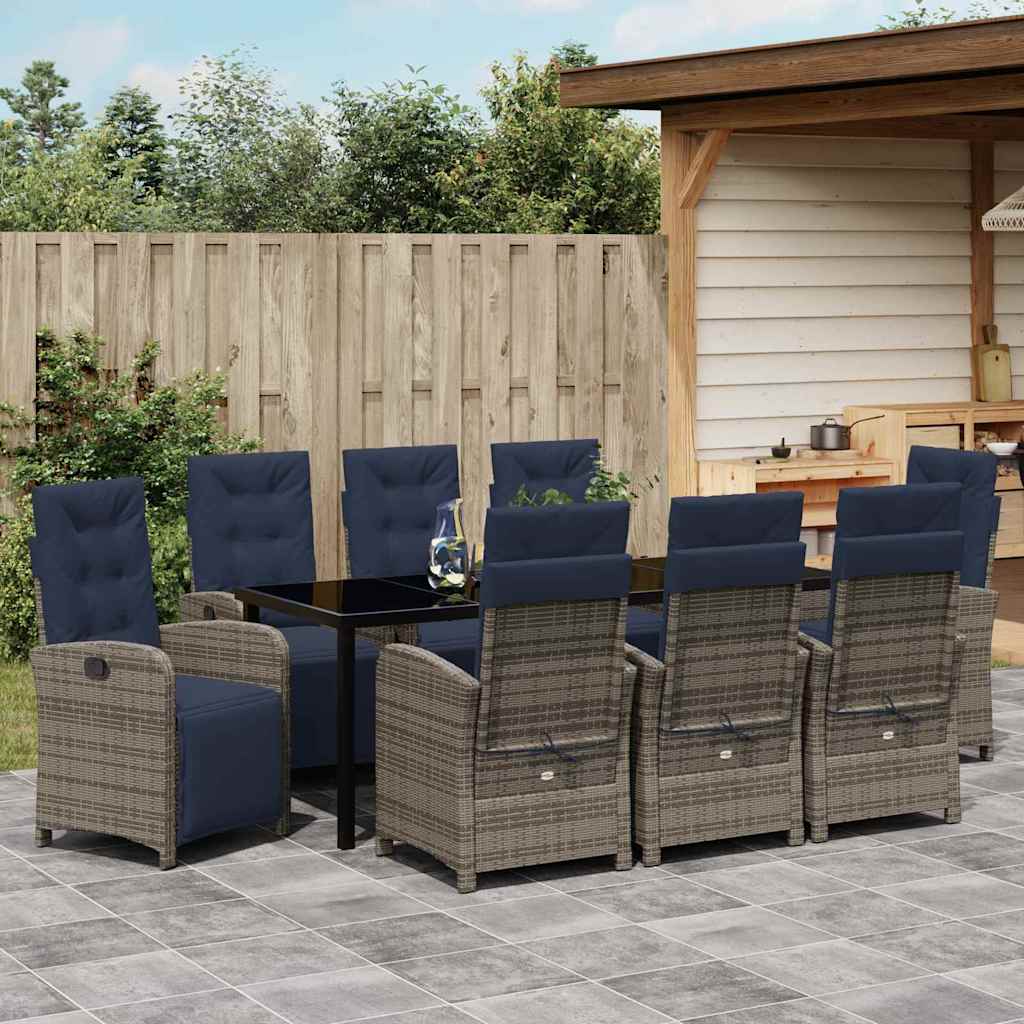 Tuin eettafelset met kussen 9 pcs Grijs poly rattan is nu te koop bij PeponiXL, paradijselijk wonen!