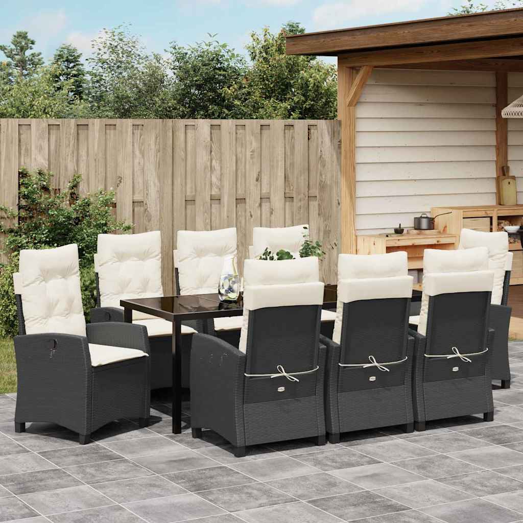 Tuin eettafelset met kussen 9 pcs Zwart poly rattan is nu te koop bij PeponiXL, paradijselijk wonen!