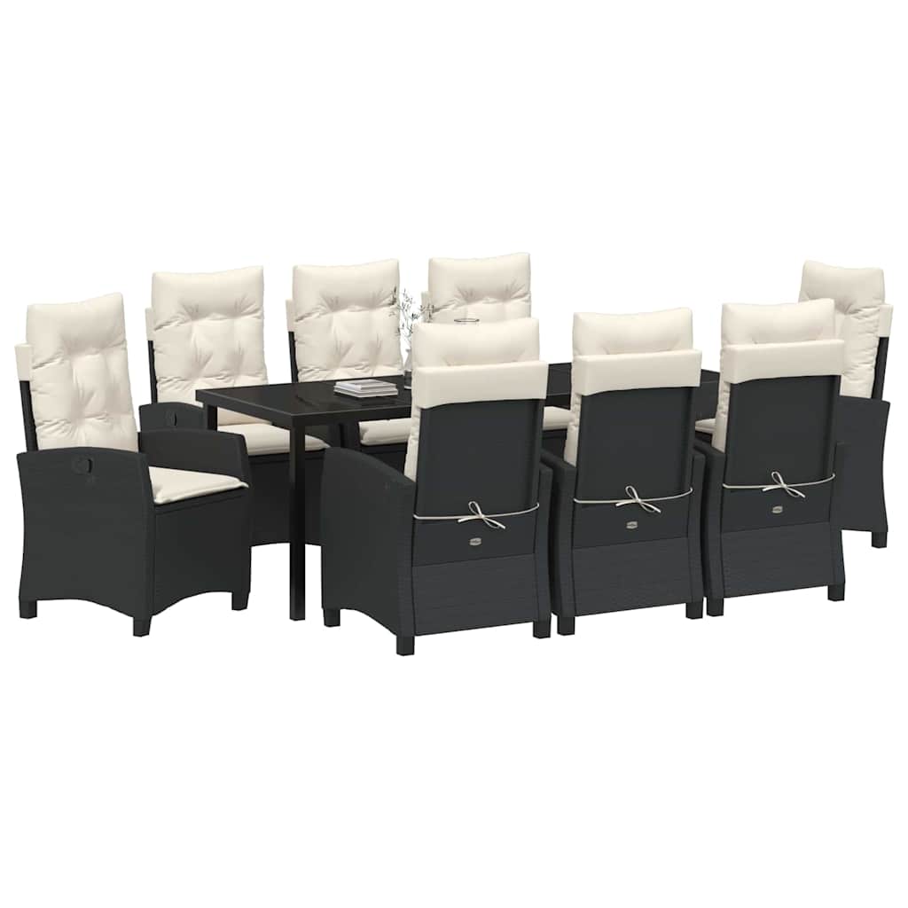 Tuin eettafelset met kussen 9 pcs Zwart poly rattan is nu te koop bij PeponiXL, paradijselijk wonen!