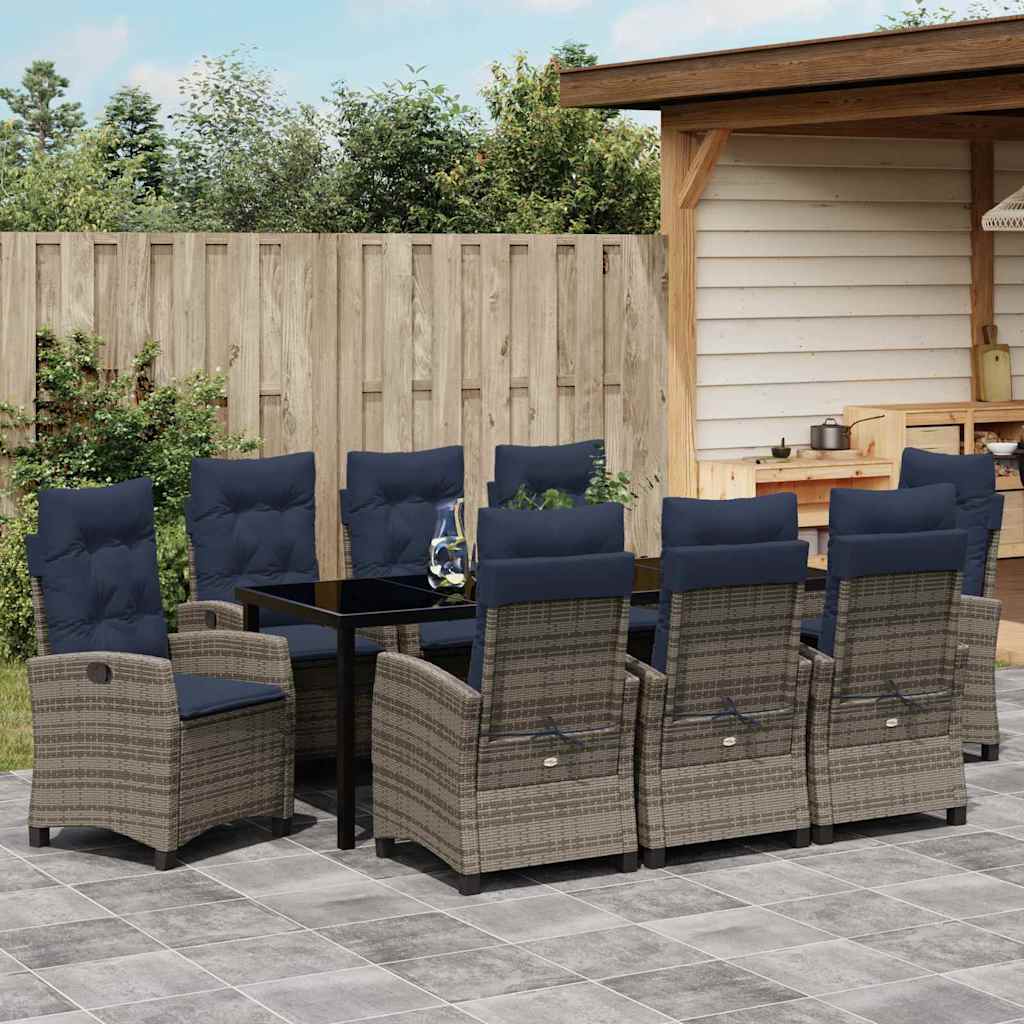 Tuin eettafelset met kussen 9 pcs Grijs poly rattan is nu te koop bij PeponiXL, paradijselijk wonen!