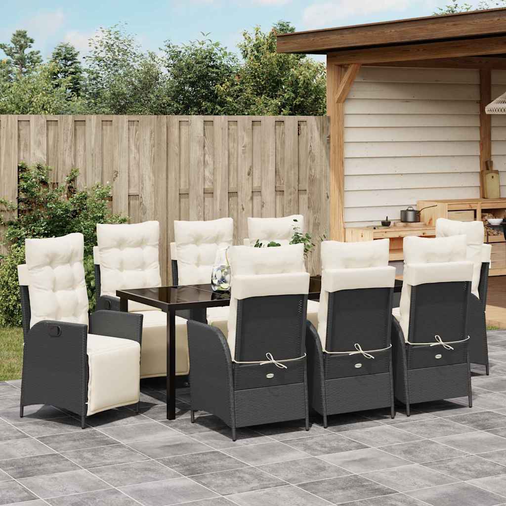 Tuin eettafelset met kussen 9 pcs Zwart poly rattan is nu te koop bij PeponiXL, paradijselijk wonen!