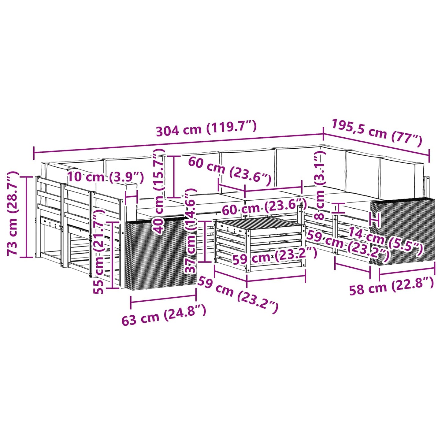 Sofa-Sets 10 pcs Natuurlijk en Crème Massief Acaciahout is nu te koop bij PeponiXL, paradijselijk wonen!
