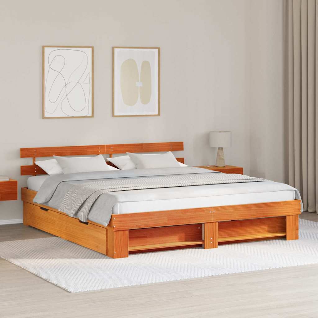 Bedframe met lade Wasbruin 200 x 200 cm Massief grenenhout is nu te koop bij PeponiXL, paradijselijk wonen!