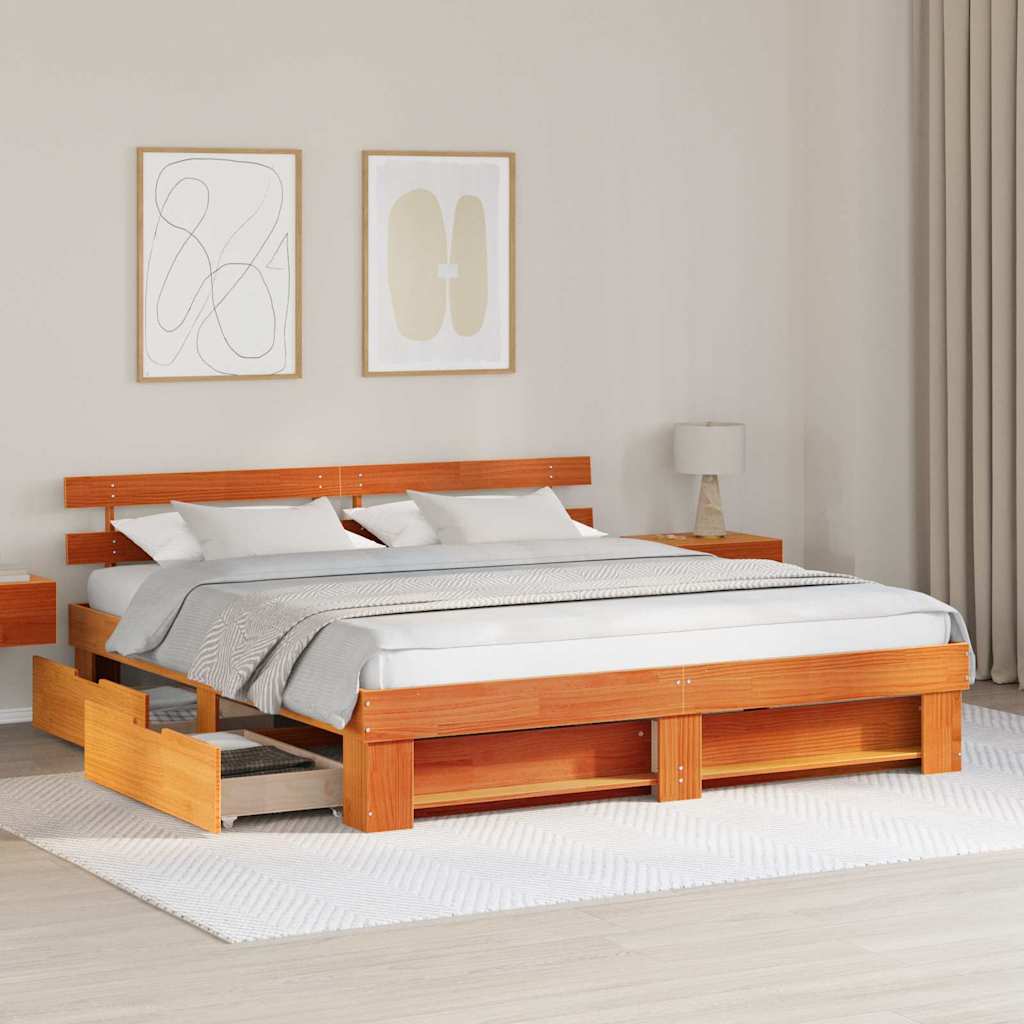 Bedframe met lade Wasbruin 200 x 200 cm Massief grenenhout is nu te koop bij PeponiXL, paradijselijk wonen!