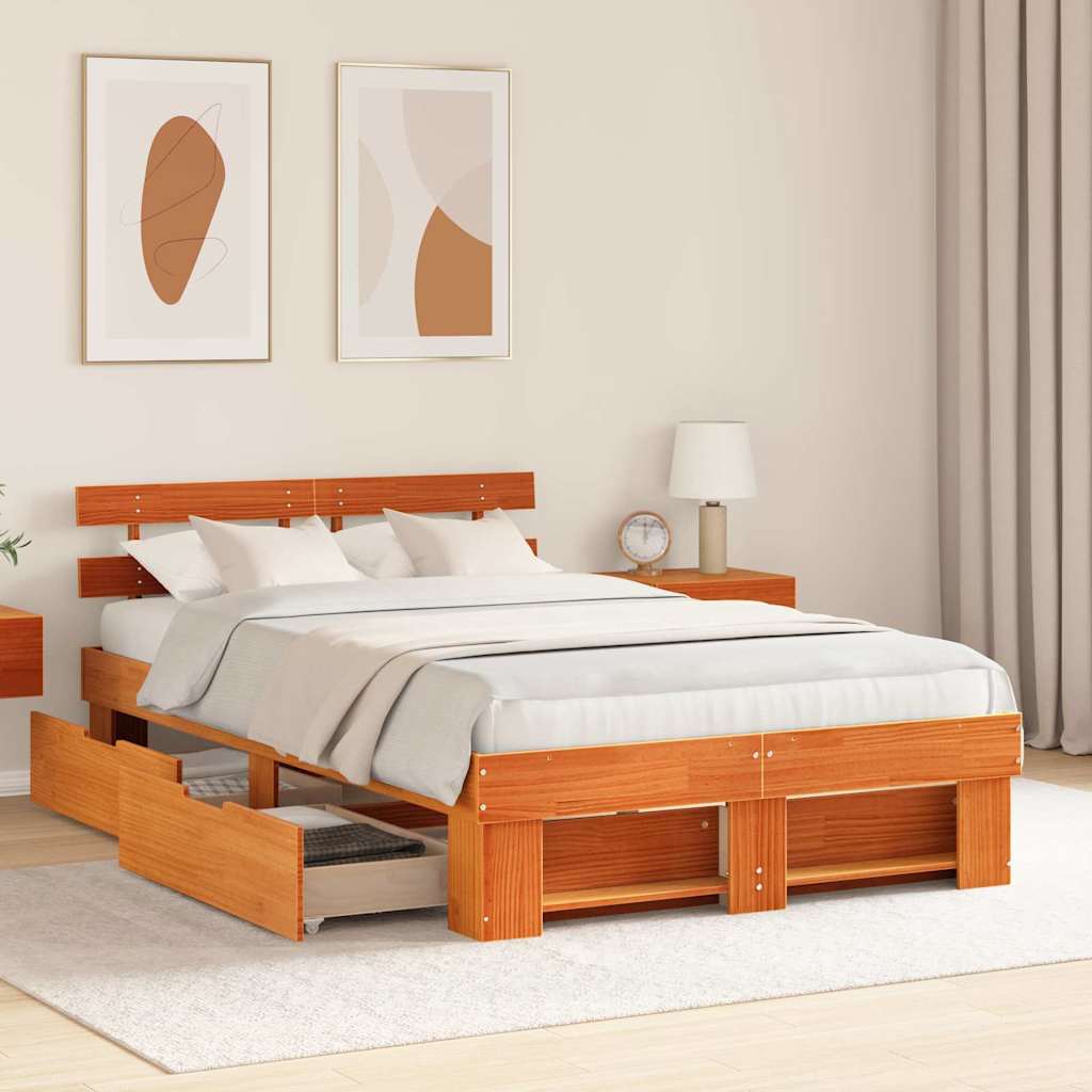 Bedframe met lade Wasbruin 135 x 190 cm Massief grenenhout is nu te koop bij PeponiXL, paradijselijk wonen!
