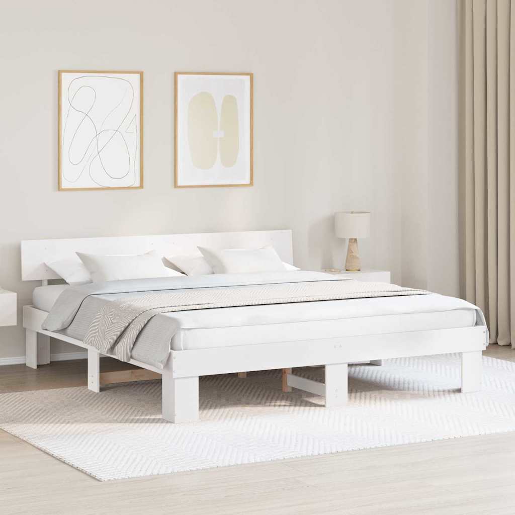 Bedframe met hoofdeinde Wit 200 x 200 cm Massief grenenhout is nu te koop bij PeponiXL, paradijselijk wonen!