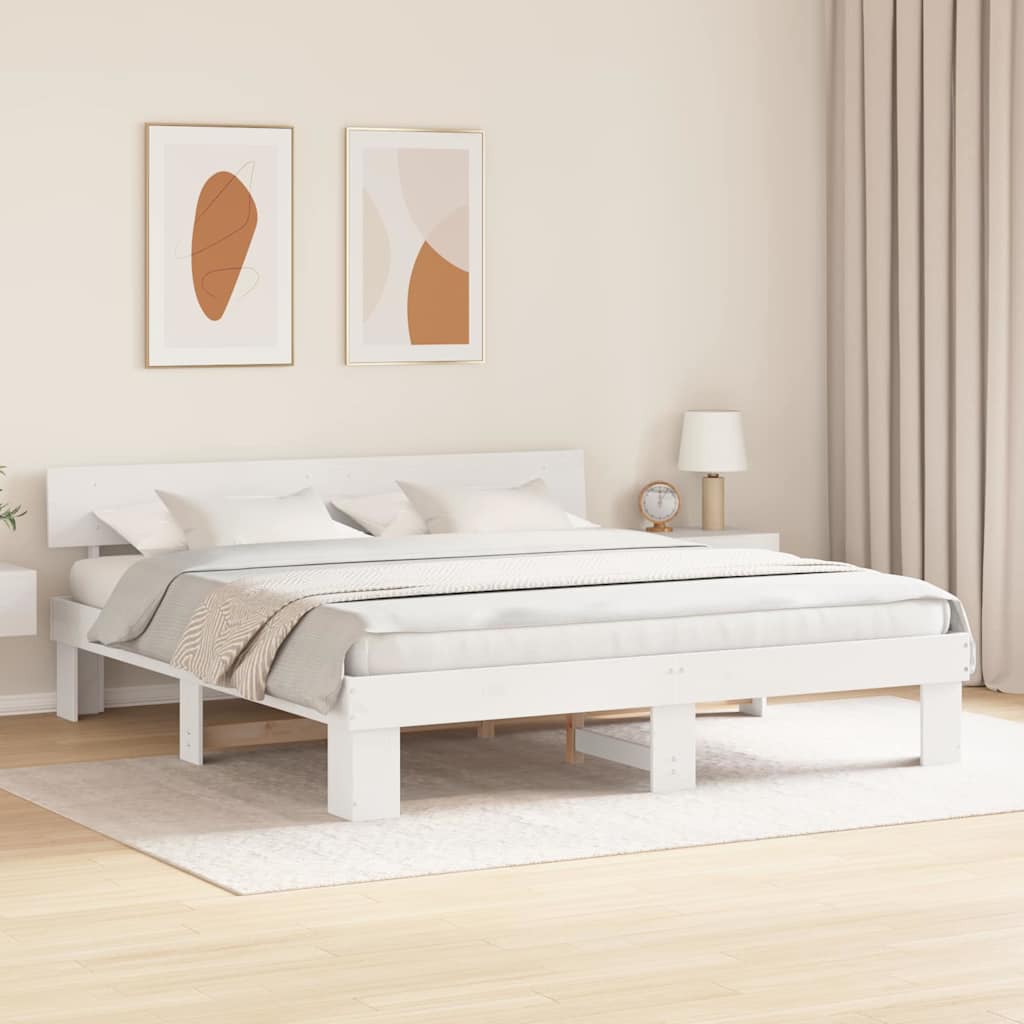 Bedframe met hoofdeinde Wit 200 x 200 cm Massief grenenhout is nu te koop bij PeponiXL, paradijselijk wonen!