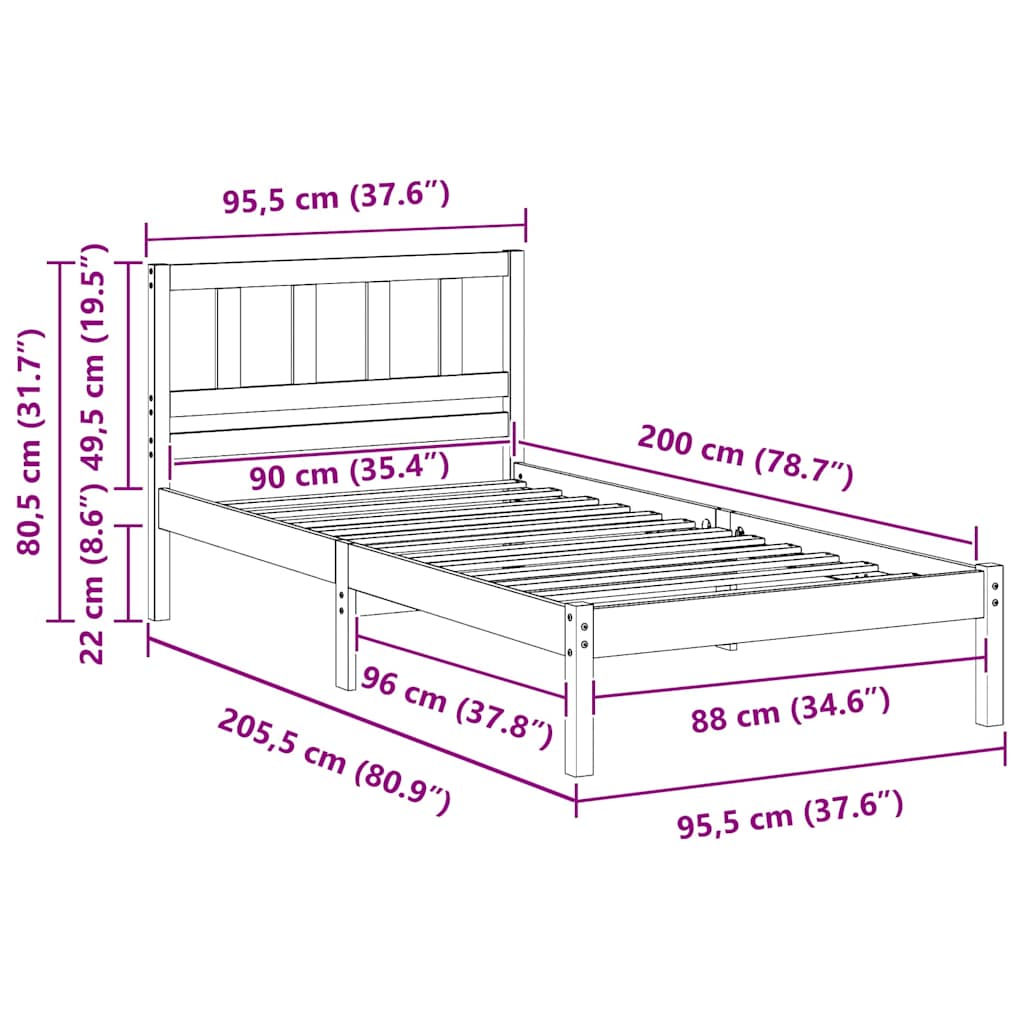 Bedframe met hoofdeinde Wasbruin 90 x 200 cm Massief grenenhout is nu te koop bij PeponiXL, paradijselijk wonen!