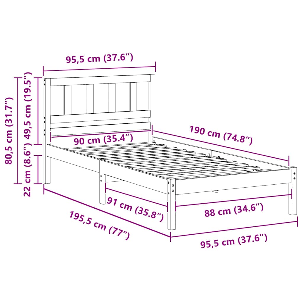 Bedframe met hoofdeinde Bruin 90 x 190 cm Massief grenenhout is nu te koop bij PeponiXL, paradijselijk wonen!