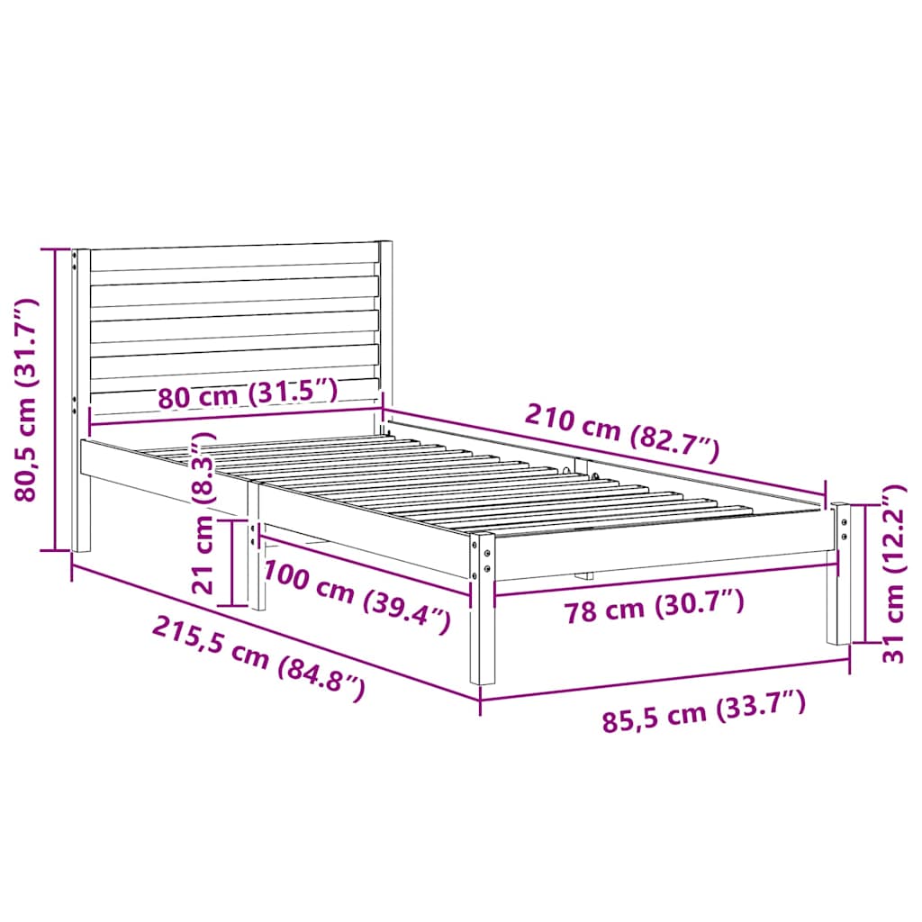 Bedframe met hoofdeinde Wasbruin 80 x 210 cm Massief grenenhout is nu te koop bij PeponiXL, paradijselijk wonen!