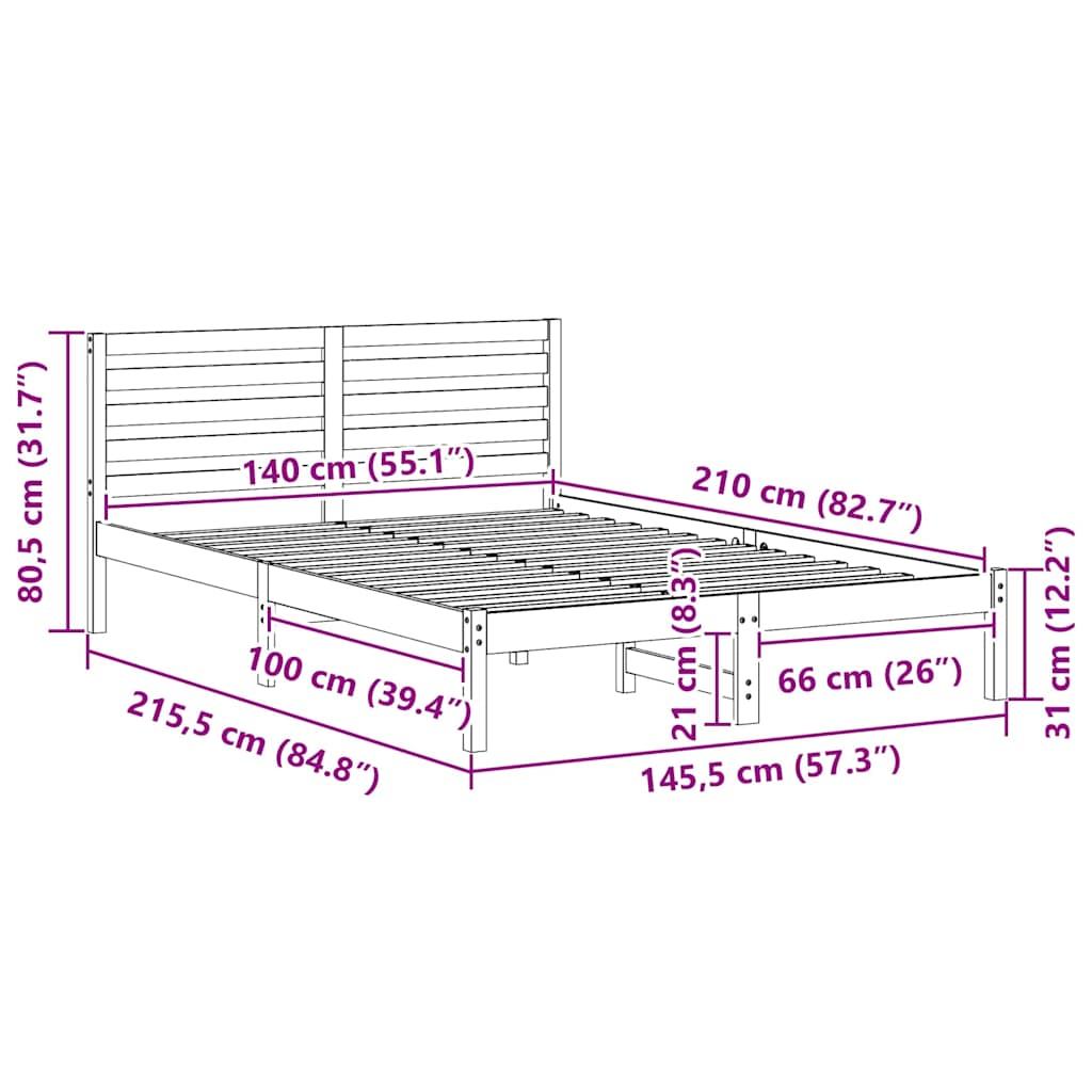 Bedframe met hoofdeinde Bruin 140 x 210 cm Massief grenenhout is nu te koop bij PeponiXL, paradijselijk wonen!