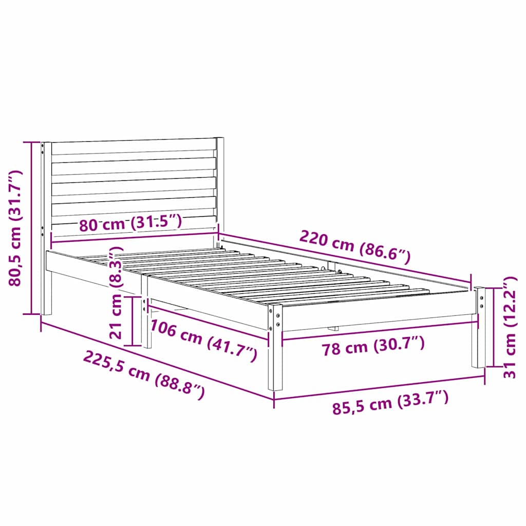 Bedframe met hoofdeinde Wasbruin 80 x 220 cm Massief grenenhout is nu te koop bij PeponiXL, paradijselijk wonen!