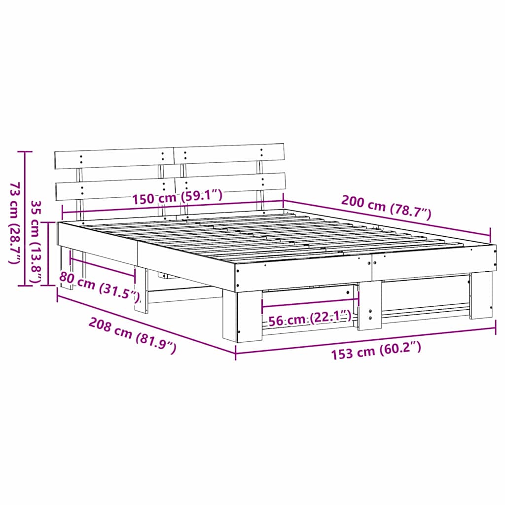 Bedframe met hoofdeinde Bruin 150 x 200 cm Massief grenenhout is nu te koop bij PeponiXL, paradijselijk wonen!