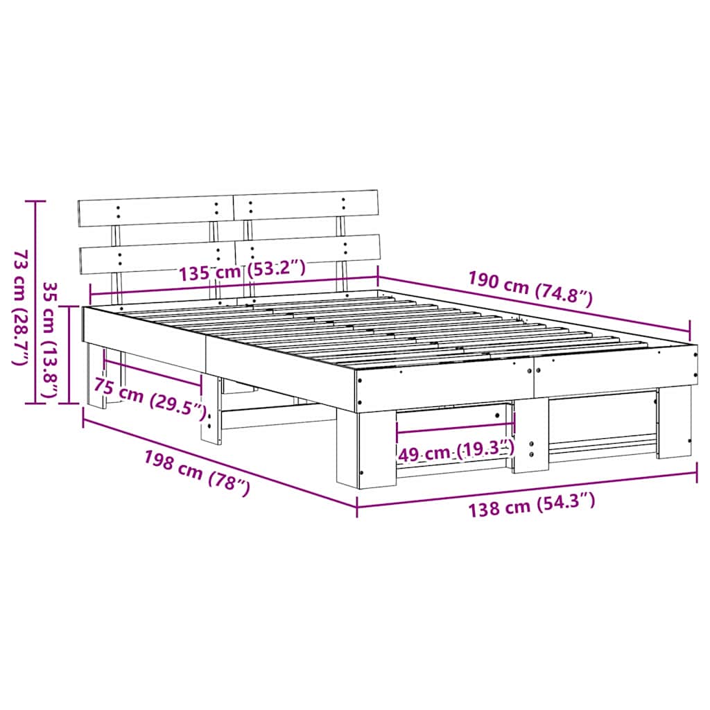 Bedframe met hoofdeinde Bruin 135 x 190 cm Massief grenenhout is nu te koop bij PeponiXL, paradijselijk wonen!