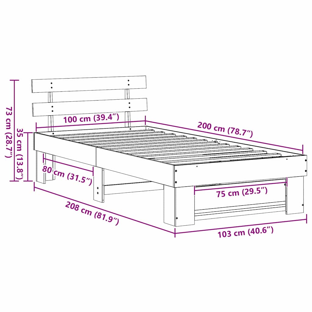 Bedframe met hoofdeinde Wit 100 x 200 cm Massief grenenhout is nu te koop bij PeponiXL, paradijselijk wonen!