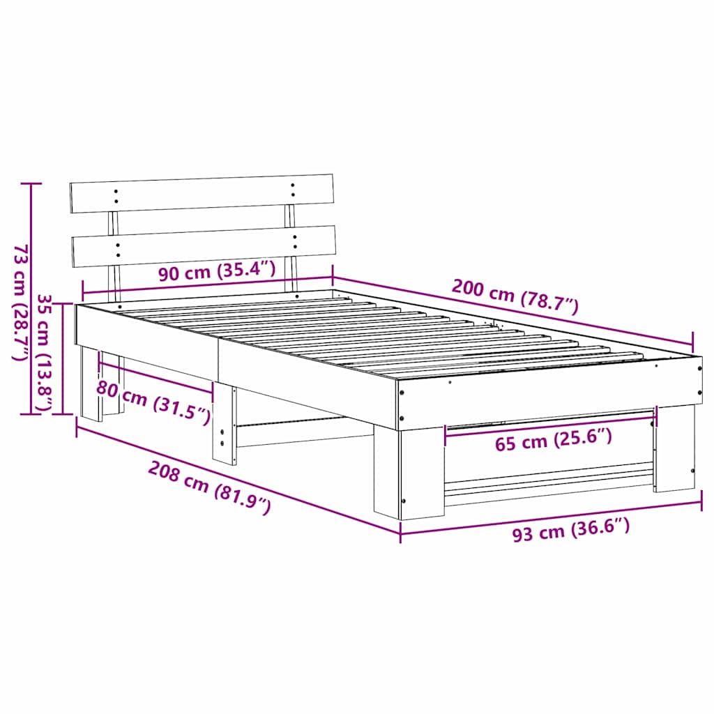 Bedframe met hoofdeinde Wit 90 x 200 cm Massief grenenhout is nu te koop bij PeponiXL, paradijselijk wonen!
