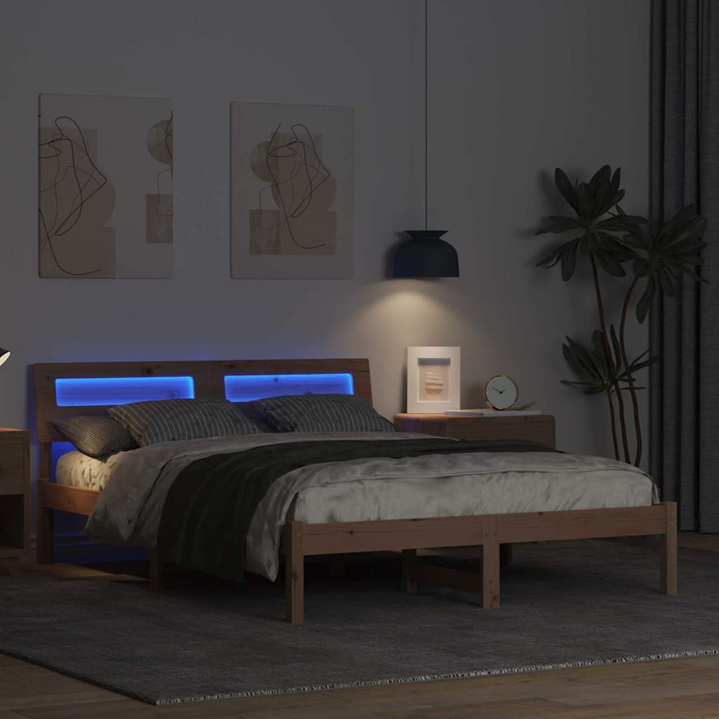 Bedframe met hoofdeinde Bruin 140 x 190 cm Massief grenenhout is nu te koop bij PeponiXL, paradijselijk wonen!