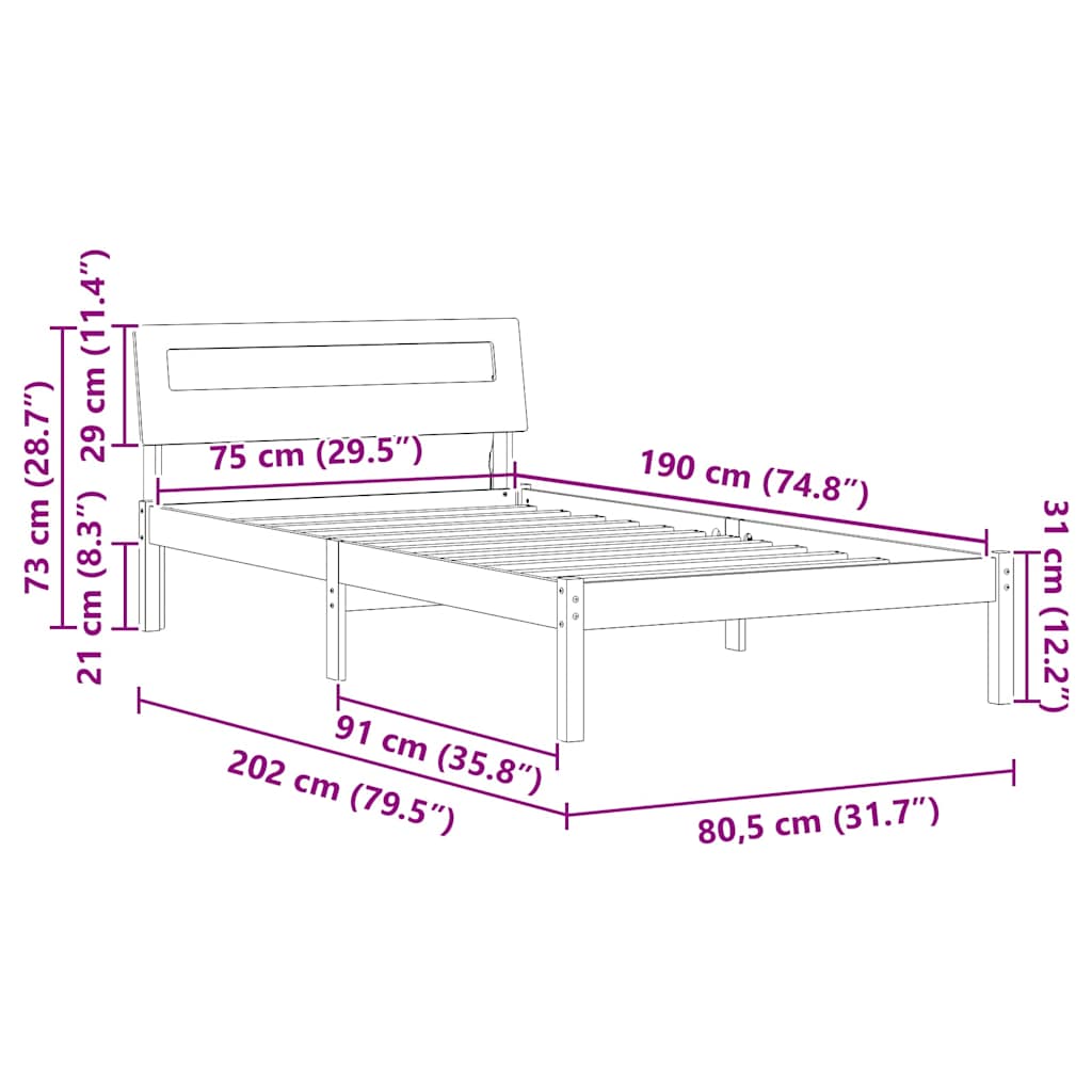 Bedframe met hoofdeinde Wasbruin 75 x 190 cm Massief grenenhout is nu te koop bij PeponiXL, paradijselijk wonen!