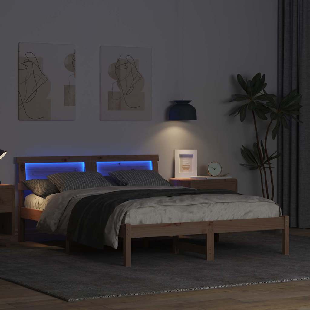 Bedframe met hoofdeinde Bruin 140 x 190 cm Massief grenenhout is nu te koop bij PeponiXL, paradijselijk wonen!