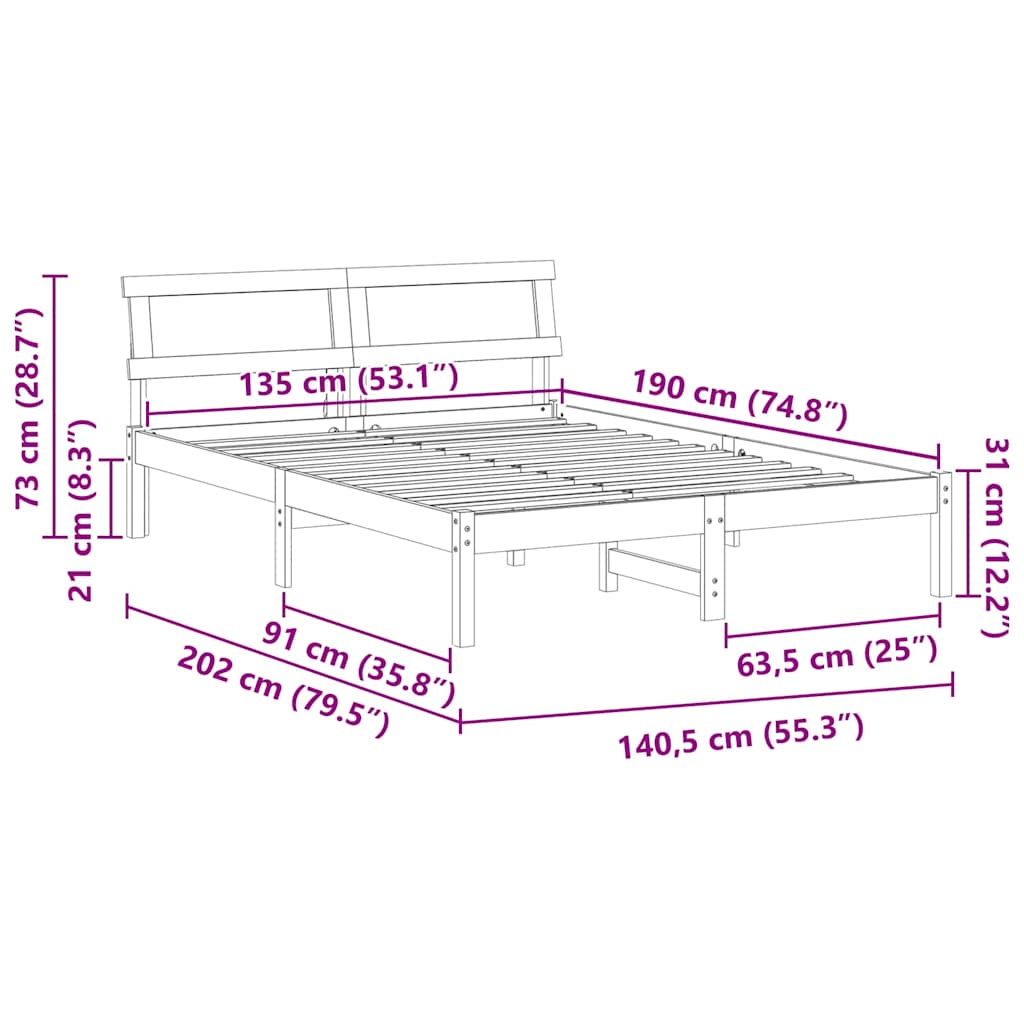 Bedframe met hoofdeinde Wit 135 x 190 cm Massief grenenhout is nu te koop bij PeponiXL, paradijselijk wonen!