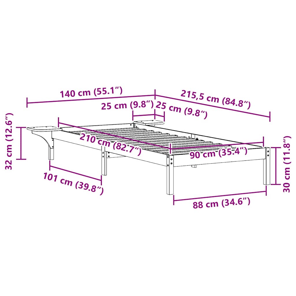 Bedframe met Zijtafels Naturel 90 x 210 cm Massief grenenhout is nu te koop bij PeponiXL, paradijselijk wonen!