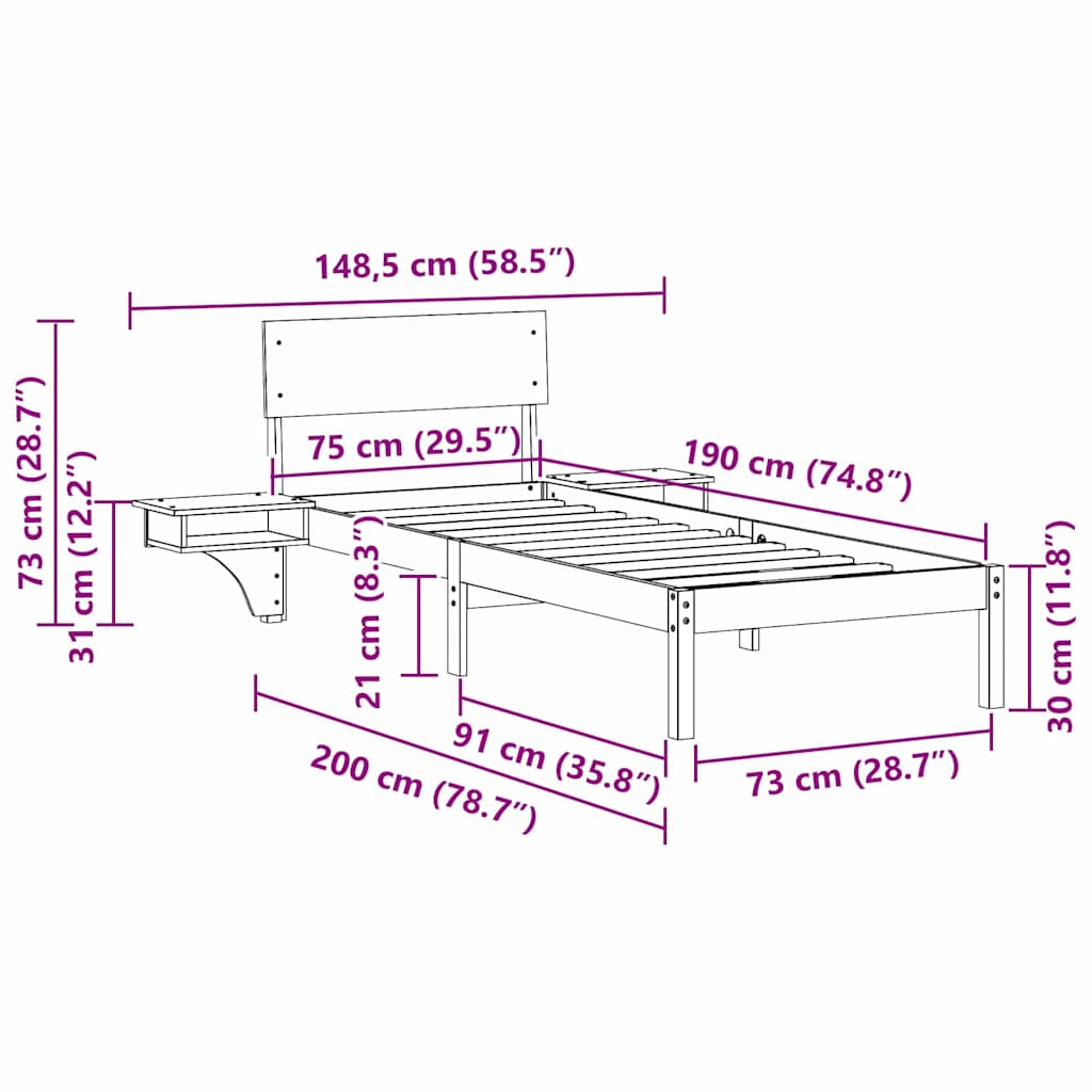 Bedframe met hoofdeinde Wasbruin 75 x 190 cm Massief grenenhout is nu te koop bij PeponiXL, paradijselijk wonen!