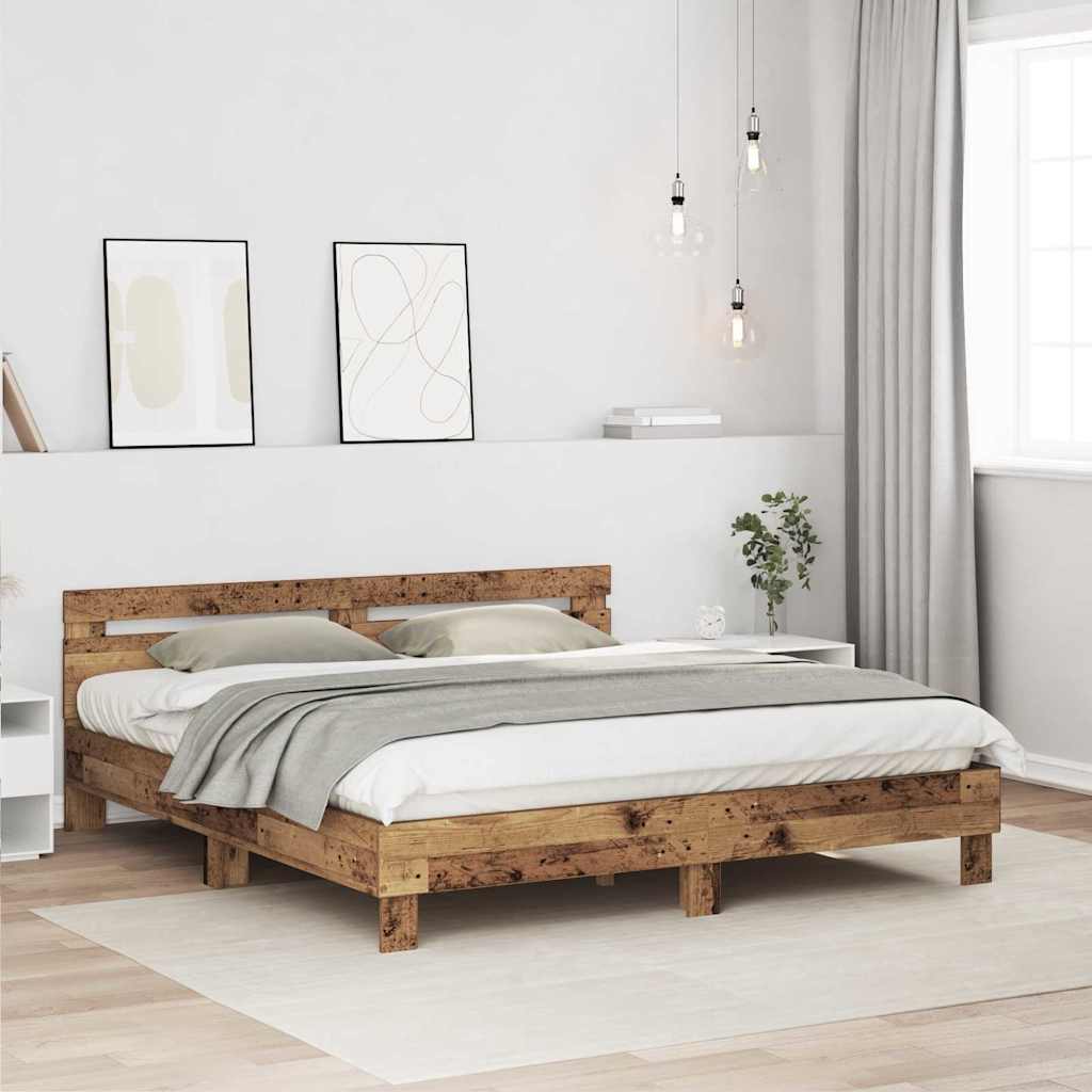 Bedframe met hoofdeinde Oudhout 203 x 185 x 70 cm Bewerkt hout is nu te koop bij PeponiXL, paradijselijk wonen!