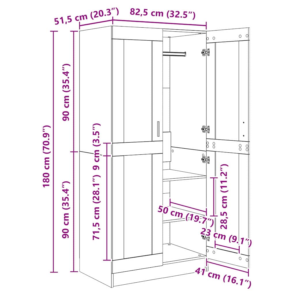 Kledingkast met plank Oudhout 82,5 x 51,5 x 180 cm Bewerkt hout is nu te koop bij PeponiXL, paradijselijk wonen!