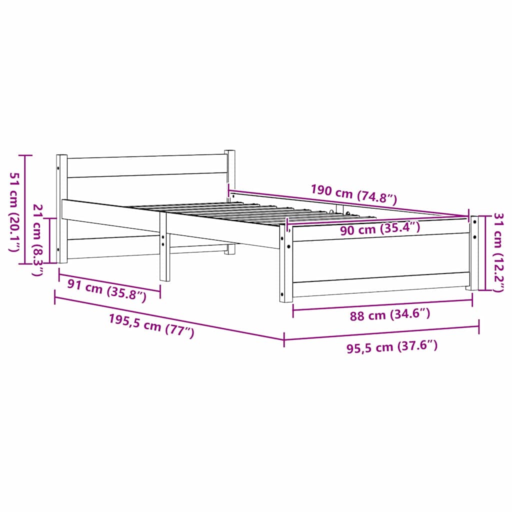 Bedframe Wasbruin 195,5 x 95,5 x 51 cm Massief grenenhout is nu te koop bij PeponiXL, paradijselijk wonen!