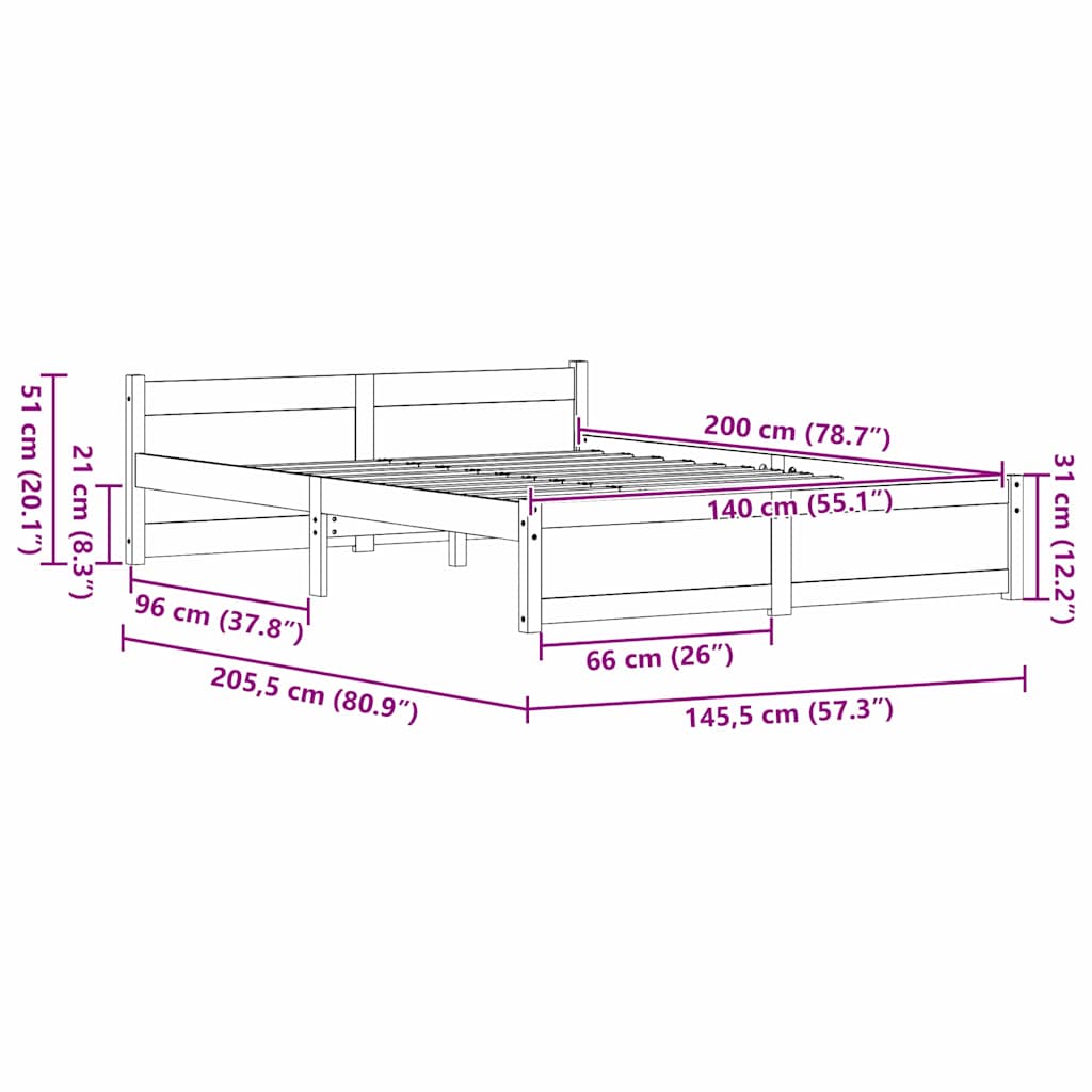 Bedframe Wasbruin 205,5 x 145,5 x 51 cm Massief grenenhout is nu te koop bij PeponiXL, paradijselijk wonen!
