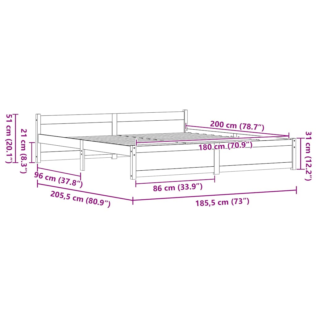 Bedframe Wasbruin 205,5 x 185,5 x 51 cm Massief grenenhout is nu te koop bij PeponiXL, paradijselijk wonen!