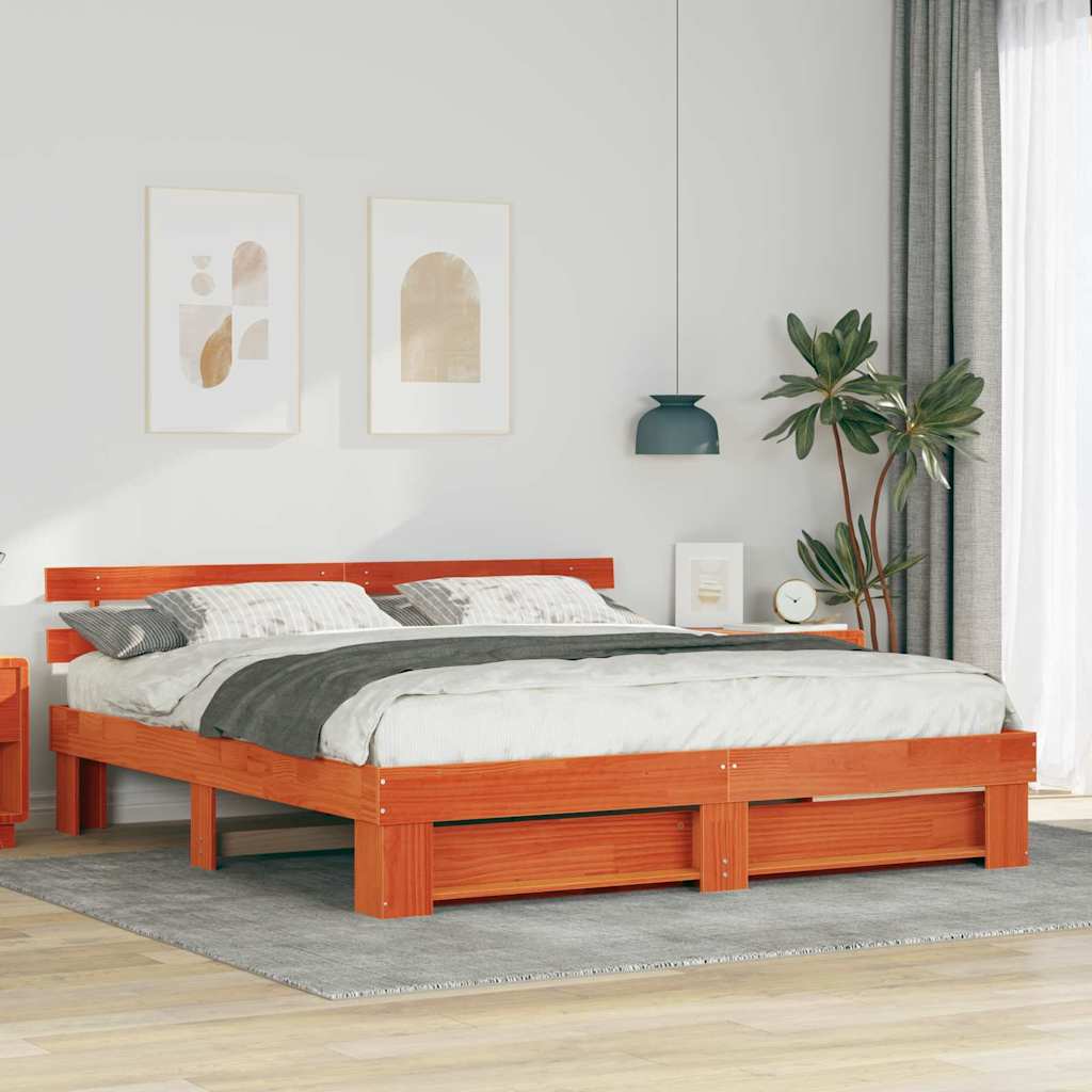 Bedframe met hoofdeinde Bruin 200 x 200 cm Massief grenenhout is nu te koop bij PeponiXL, paradijselijk wonen!