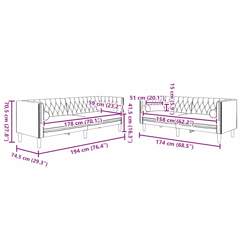 Woonkamer Bank 2 pcs Lichtgrijs 194 x 74,5 x 70,5 cm Fluweel is nu te koop bij PeponiXL, paradijselijk wonen!