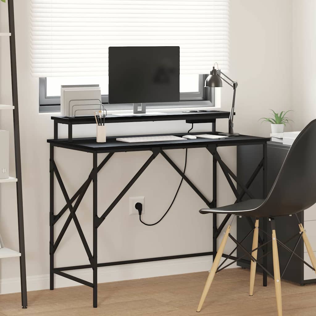 Bureau met plank Zwart Eiken 100 x 50 x 86,5 cm Bewerkt hout is nu te koop bij PeponiXL, paradijselijk wonen!