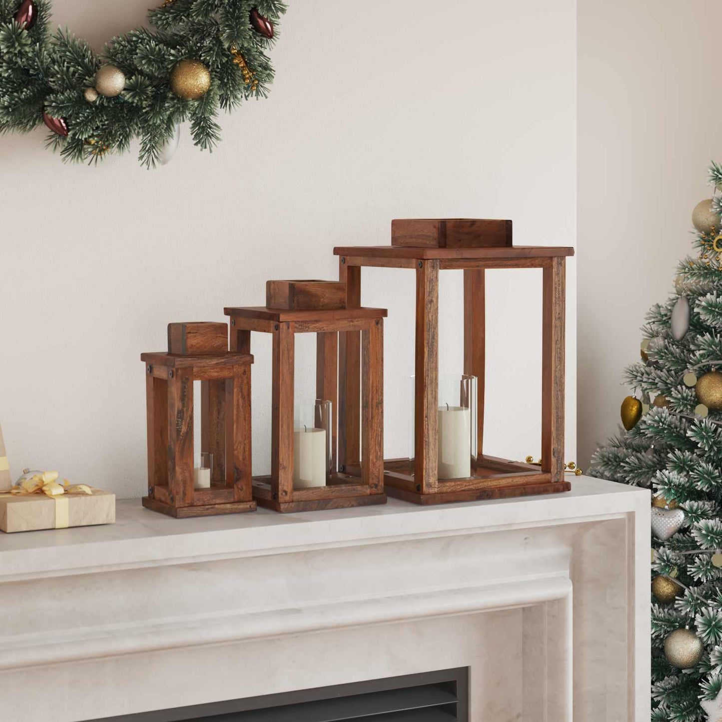 Lantaarn 3 pcs Naturel Mahoniehout is nu te koop bij PeponiXL, paradijselijk wonen!