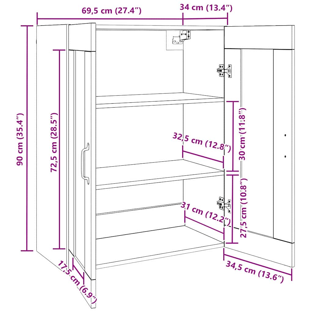 Hangende Wandkast Zwart 69.5 x 34 x 90 cm Bewerkt hout is nu te koop bij PeponiXL, paradijselijk wonen!