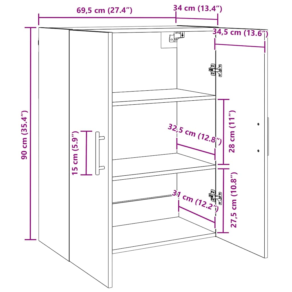 Wandkast Zwart Eiken 69,5 x 34 x 90 cm Bewerkt hout is nu te koop bij PeponiXL, paradijselijk wonen!