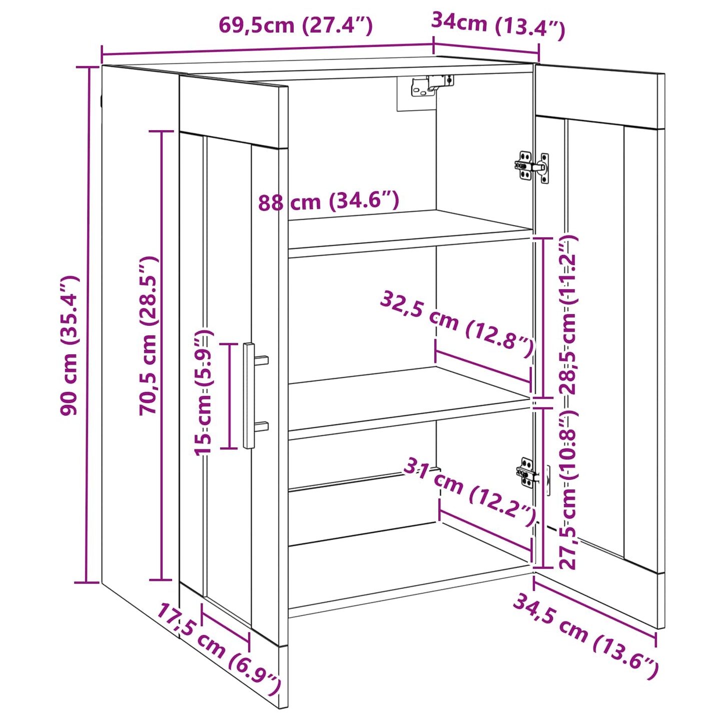 Wandkast Zwart eiken 69.5 x 34 x 90 cm Bewerkt hout is nu te koop bij PeponiXL, paradijselijk wonen!