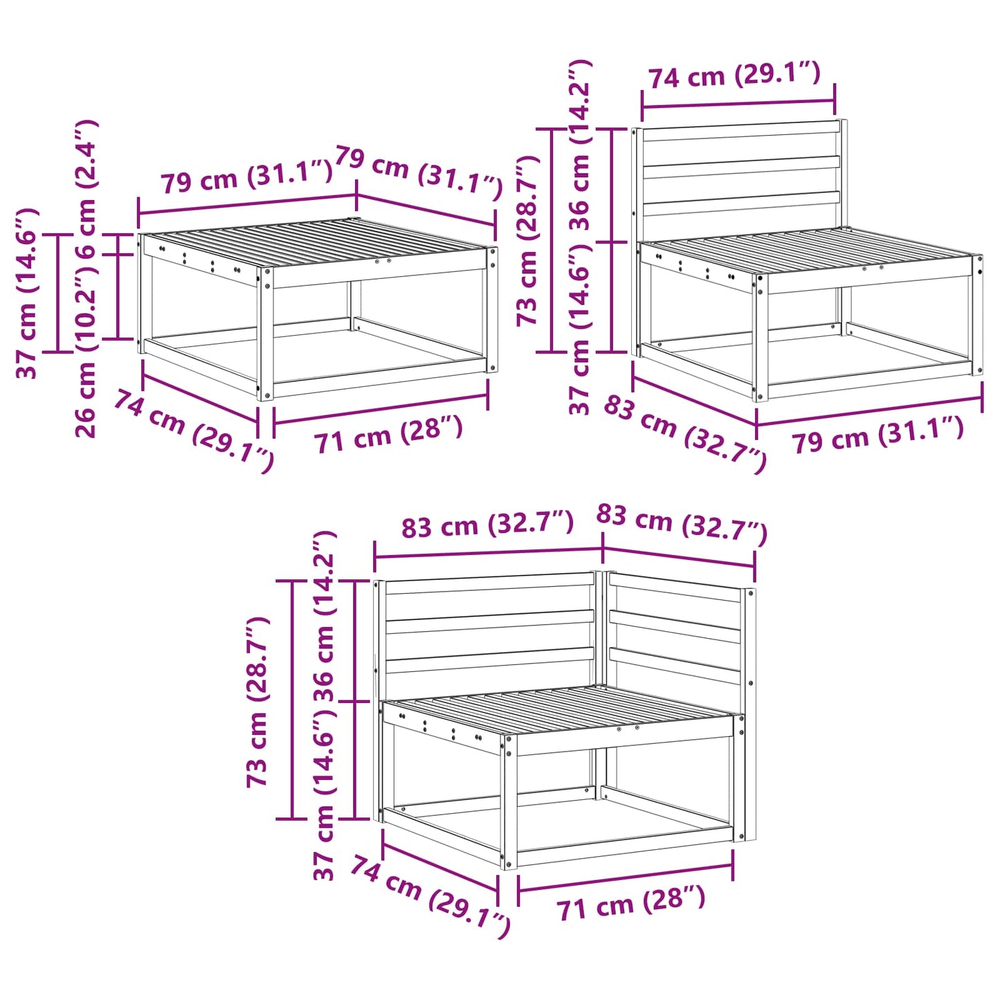 Buiten bankenset 6 pcs Wit 79 x 79 x 37 cm Massief Acaciahout is nu te koop bij PeponiXL, paradijselijk wonen!