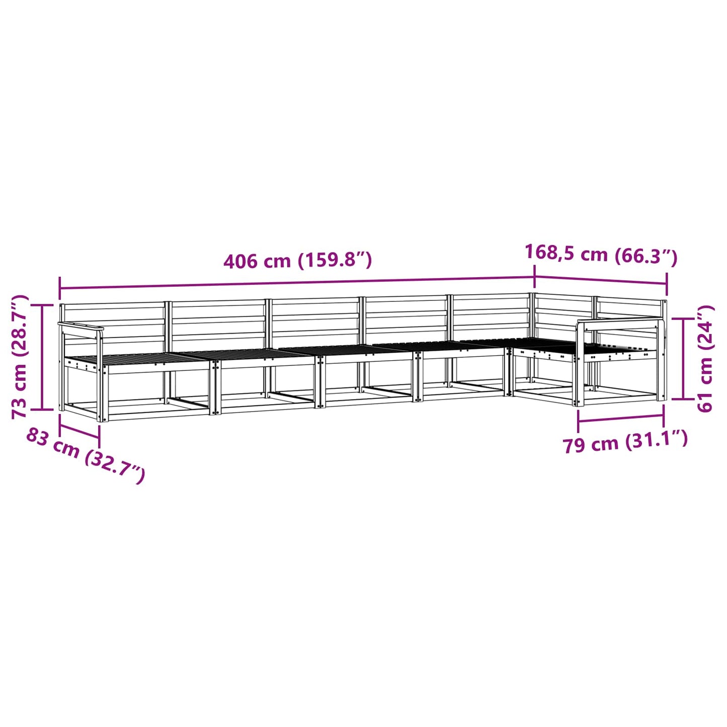 Buiten bankenset 6 pcs Wit 406 x 168,5 x 73 cm is nu te koop bij PeponiXL, paradijselijk wonen!