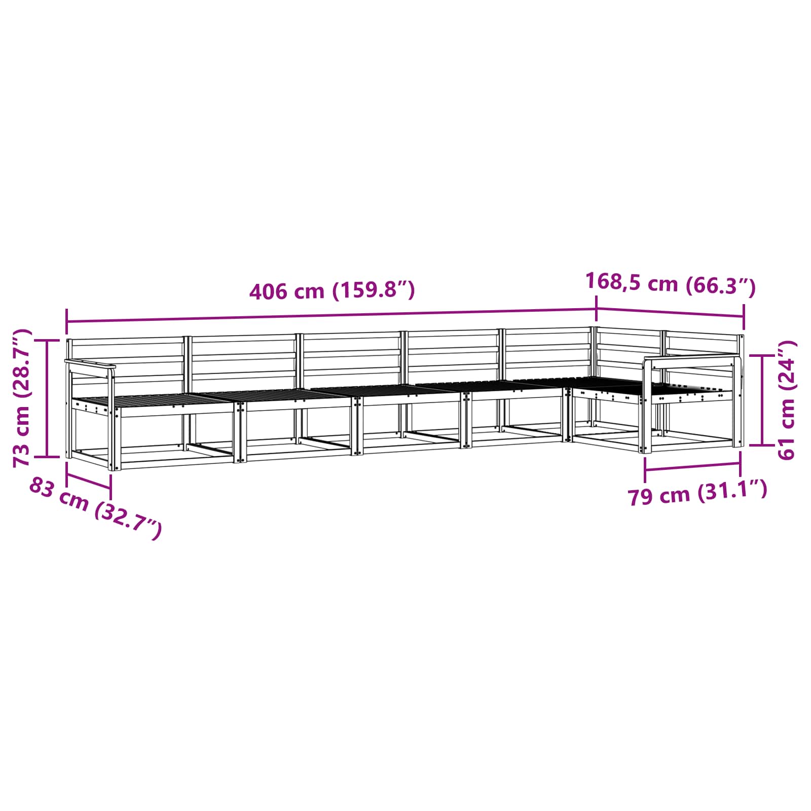 Buiten bankenset 6 pcs Wit 406 x 168,5 x 73 cm is nu te koop bij PeponiXL, paradijselijk wonen!